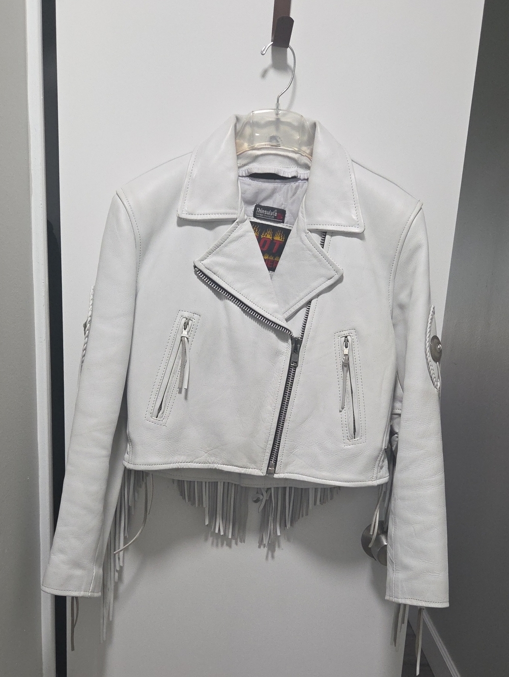 White Fringe Leather Moto Jacket - Thinsulate Lined